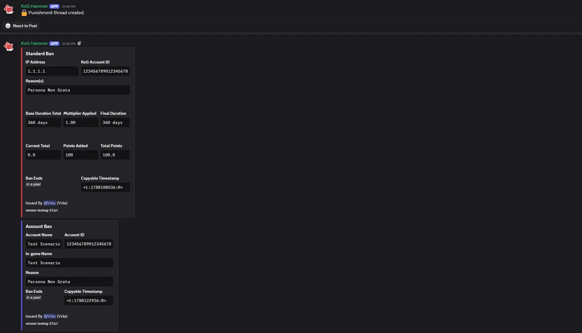 KoG Hammer Discord bot command output