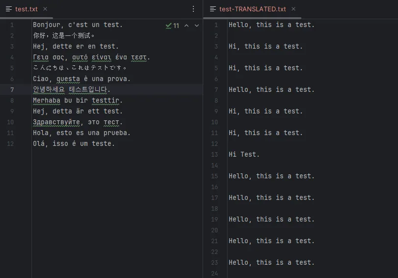 Text file translator console output